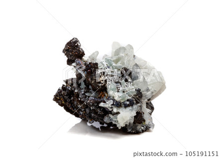Macro mineral stone Drusus quartz with sphalerite in the rock a white background 105191151
