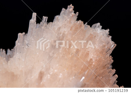 Macro mineral Scolecite stone on a black background Macro mineral Scolecite stone on a black background 105191239