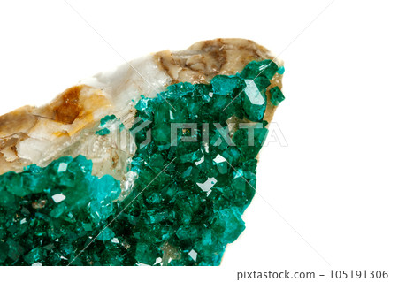 Macro mineral stone Dioptase silicate copper on a white background 105191306