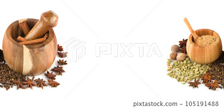 Wooden mortar, pestle and a set of spices isolated on white. Free space for text. Collage. Wide photo. Wooden mortar, pestle and a set of spices isolated on white. Free space for text. Collage. Wide photo. 105191488