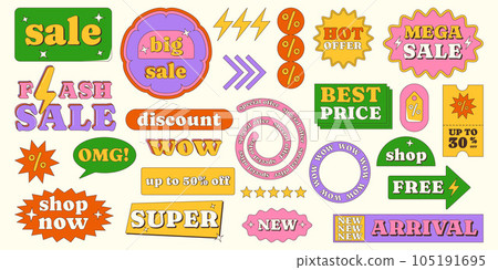 Set of retro sale stickers, shapes, discount elements. Collection for shopping and packaging, new arrival, shop now, omg, wow, best price. Vector trendy promo labels, y2k style 105191695