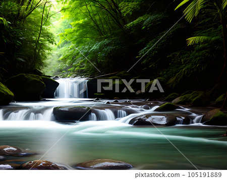Flowing river lush jungle colorful vintage beauty. 105191889
