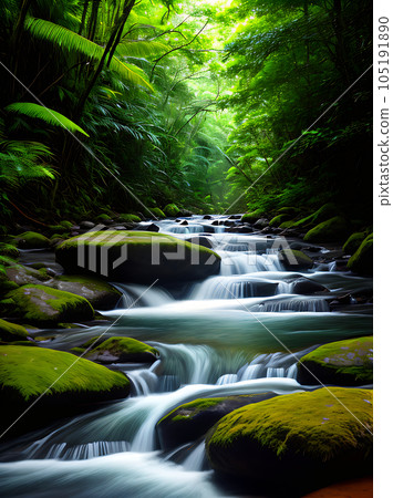 Flowing river lush jungle colorful vintage beauty. Flowing river lush jungle colorful vintage beauty. 105191890