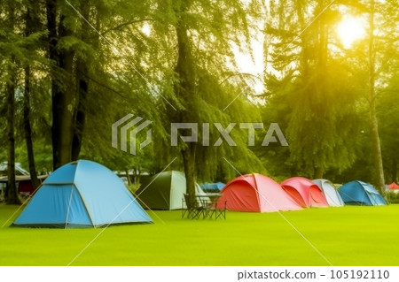 Tents Camping area, early morning. Panoramic landscape. Natural area with big trees and green grass Tents Camping area, early morning. Panoramic landscape. Natural area with big trees and green grass 105192110