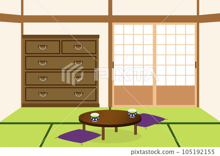 A Japanese-style room with a chest of drawers, a dining table, shoji screens, and tatami mats. Showa image. 105192155