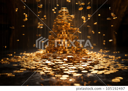 Fountain of gold coins raining on black background. Generative AI Fountain of gold coins raining on black background. Generative AI 105192497
