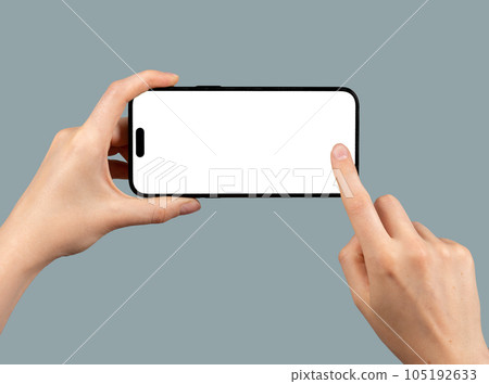 Berlin, Germany July 15 2023 Mobile phone screen mock-up, horizontal screen with finger clicking on touchscreen, display to take photo Berlin, Germany July 15 2023 Mobile phone screen mock-up, horizontal screen with finger clicking on touchscreen, display to take photo 105192633
