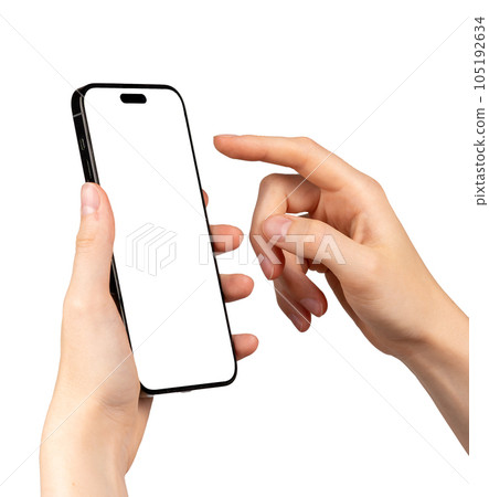 Berlin, Germany July 15 2023 Hand holding mobile phone screen mockup. Finger using touching smartphone display mock-up Berlin, Germany July 15 2023 Hand holding mobile phone screen mockup. Finger using touching smartphone display mock-up 105192634