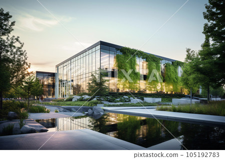 Eco-friendly building in the modern city. Sustainable glass office building with tree for reducing carbon dioxide. Office building with green environment. Corporate building reduce CO2. Generative AI. 105192783