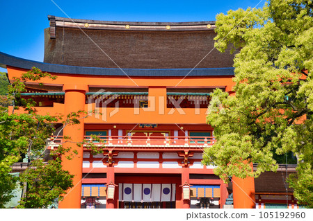 京都伏見稻荷大社美麗的鳥居門和塔門 105192960