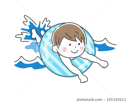 Illustration of a boy swimming in the sea using a swim ring 105193011