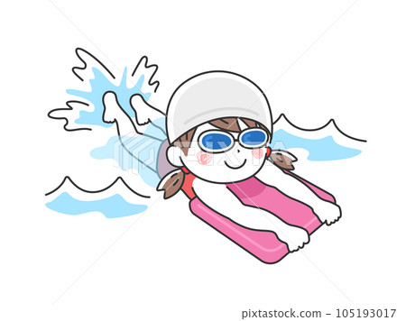 Illustration of a girl wearing goggles practicing on a kickboard at a swimming school Illustration of a girl wearing goggles practicing on a kickboard at a swimming school 105193017