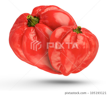 Flying ripe peppers. Habanero pepper on a white isolated background. Peppers hang or fall close-up, of different sizes and from different sides casting a shadow. High quality photo. 105193121
