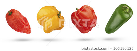 A set of peppers of different varieties, colors and sizes isolated on a white background. Red and yellow habanero pepper pods, and a green jalapeno pepper pod. Spicy ingredients of oriental cuisine. A set of peppers of different varieties, colors and sizes isolated on a white background. Red and yellow habanero pepper pods, and a green jalapeno pepper pod. Spicy ingredients of oriental cuisine. 105193125