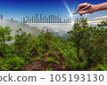 Hand holding a pen against misty landscape with city in the background. 105193130