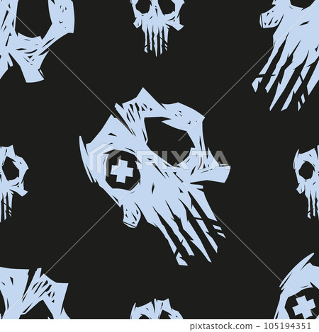 Cursed skull seamless pattern, black and gray colors. Suitable for fashion industry, branding, halloween background. 105194351