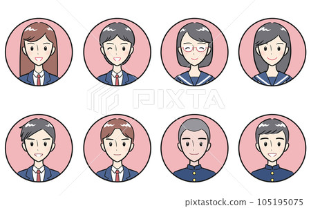 初中生和高中生的男女穿著制服，積極的表情，圓形圖標集，粉紅色 105195075