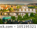 Aerial View of the the Charles Bridge and Vltava River in Prague, Czech Republic 105195321
