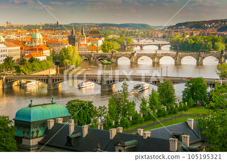 Aerial View of the the Charles Bridge and Vltava River in Prague, Czech Republic 105195321