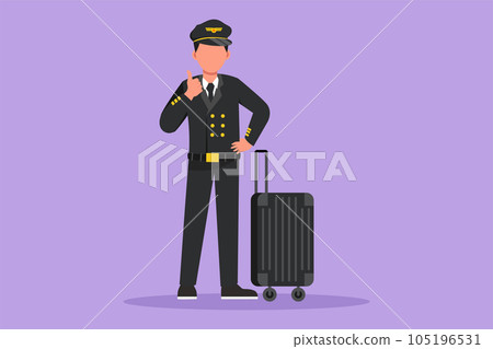 Character flat drawing pilot standing with thumbs up gesture and complete uniform, ready to riding or flying airplane for bringing passengers to their destination. Cartoon design vector illustration Character flat drawing pilot standing with thumbs up gesture and complete uniform, ready to riding or flying airplane for bringing passengers to their destination. Cartoon design vector illustration 105196531