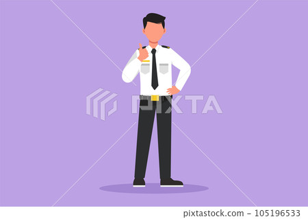 Graphic flat design drawing male flight attendant standing in uniform with thumbs up gesture prepare at airport for flying and serve passengers to their destination. Cartoon style vector illustration Graphic flat design drawing male flight attendant standing in uniform with thumbs up gesture prepare at airport for flying and serve passengers to their destination. Cartoon style vector illustration 105196533