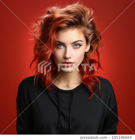 Beautiful fashion model with creative short  hairstyle, studio shot. Portrait of beautiful young woman in black clothes with red hair on red background. Portrait of a fashion model with bright makeup. 105196664