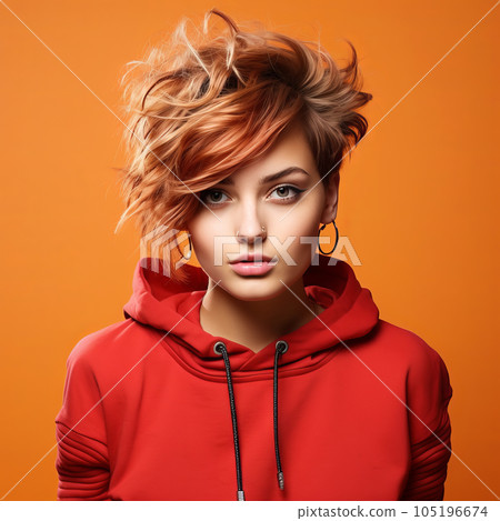 Beautiful fashion model with creative short  hairstyle, studio shot. Portrait of beautiful young woman in red clothes with red hair on red background. Portrait of a fashion model with bright makeup. 105196674