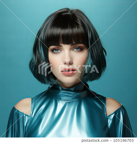Fashion portrait of beautiful young woman with short hairstyle and professional make up. Beautiful fashion model with stylish hairstyle, studio shot. Fashion model in blue clothes with bright makeup 105196703