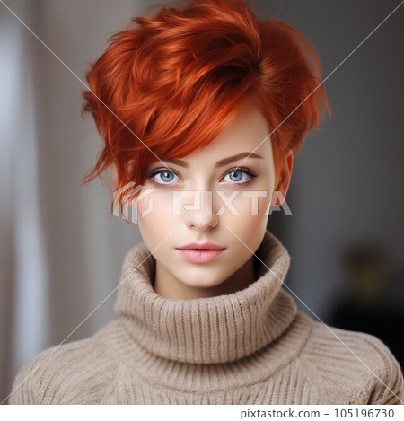 Fashion portrait of beautiful young red-haired woman with short hairstyle and professional make up.  Beautiful fashion model with stylish short hairstyle. 105196730