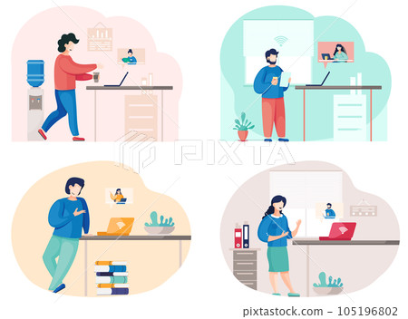 Business partners communicating, using video calling, holds meeting talking via internet scenes set 105196802