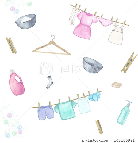 Laundry. Seamless pattern with basin, washing gel, powder, soap, linen, clothes, hanger, clothespins, bubbles. Watercolor illustration on a white background. Hand drawn. For postcards Laundry. Seamless pattern with basin, washing gel, powder, soap, linen, clothes, hanger, clothespins, bubbles. Watercolor illustration on a white background. Hand drawn. For postcards 105196981