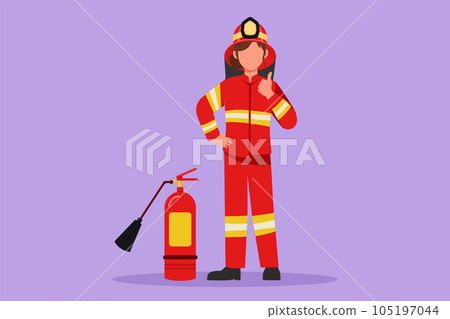 Character flat drawing beauty female firefighters stood with fire extinguisher wearing helmet and uniform complete with thumbs up gesture to work to extinguish fire. Cartoon design vector illustration 105197044