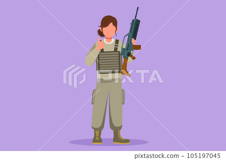 Cartoon flat style drawing female soldiers or army standing with weapons, full uniforms, and thumbs up gestures serving the country with strength of military forces. Graphic design vector illustration Cartoon flat style drawing female soldiers or army standing with weapons, full uniforms, and thumbs up gestures serving the country with strength of military forces. Graphic design vector illustration 105197045