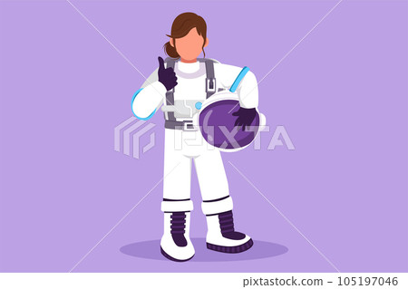Graphic flat design drawing female astronaut stands with thumbs up gesture wearing spacesuit exploring earth, moon, other planets in universe. Start space expedition. Cartoon style vector illustration Graphic flat design drawing female astronaut stands with thumbs up gesture wearing spacesuit exploring earth, moon, other planets in universe. Start space expedition. Cartoon style vector illustration 105197046