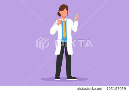 Graphic flat design drawing female scientist standing with thumbs up gesture and holding measuring tube filled with chemical liquid. Researching vaccine for pandemic. Cartoon style vector illustration 105197059
