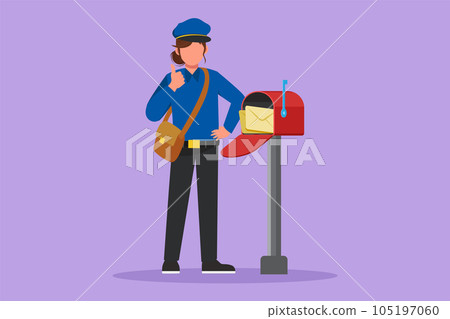 Cartoon flat style drawing happy postwoman with thumbs up gesture standing in hat, bag, uniform, holding an envelope. Working hard delivering mail to home address. Graphic design vector illustration Cartoon flat style drawing happy postwoman with thumbs up gesture standing in hat, bag, uniform, holding an envelope. Working hard delivering mail to home address. Graphic design vector illustration 105197060