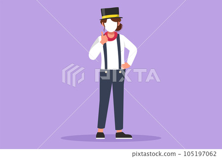 Character flat drawing female mime artist standing with thumbs up gesture, white make up face, makes audience laugh with silent comedy. Entertainment worker on work. Cartoon design vector illustration 105197062