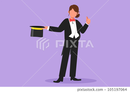 Character flat drawing beauty female magician standing in suit with thumbs up gesture holding her hat and magic wand, performing tricks at circus show entertainment. Cartoon design vector illustration Character flat drawing beauty female magician standing in suit with thumbs up gesture holding her hat and magic wand, performing tricks at circus show entertainment. Cartoon design vector illustration 105197064
