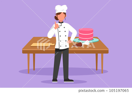 Graphic flat design drawing chef standing with thumbs up gesture and cooking uniform prepares ingredients to cook best dishes. Beauty female chef with table and cake. Cartoon style vector illustration 105197065