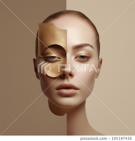Beautiful young woman with golden facial mask. Skin care concept. Cosmetology. Beauty treatment and plastic surgery concept. Collage of female face with wrinkles on skin. Anti-aging concept of skin Beautiful young woman with golden facial mask. Skin care concept. Cosmetology. Beauty treatment and plastic surgery concept. Collage of female face with wrinkles on skin. Anti-aging concept of skin 105197416