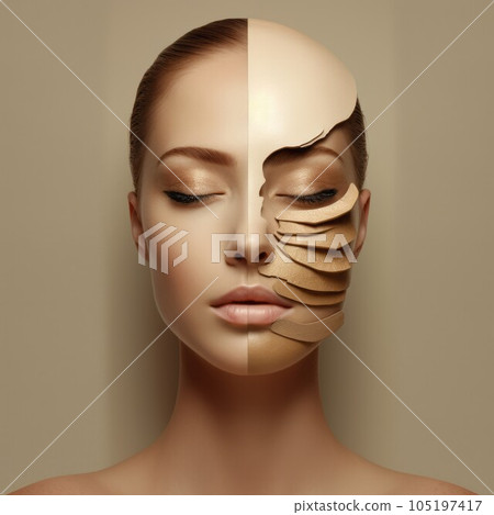 Beautiful young woman with golden facial mask. Skin care concept. Cosmetology. Beauty treatment and plastic surgery concept. Collage of female face with wrinkles on skin. Anti-aging concept of skin Beautiful young woman with golden facial mask. Skin care concept. Cosmetology. Beauty treatment and plastic surgery concept. Collage of female face with wrinkles on skin. Anti-aging concept of skin 105197417