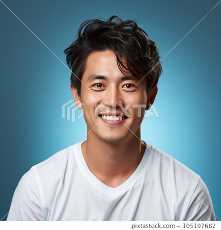Portrait of a smiling young adult Asian man with black hair. Closeup face of a handsome young Asian man smiling at the camera on a blue background. Front view, happy Chinese young man in white shirt. 105197682