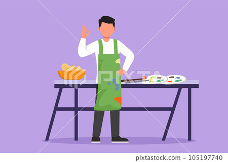 Cartoon flat style drawing of painter standing with gesture okay near table and painting tools to produce artwork on canvas in workshop studio. Creative work or job. Graphic design vector illustration Cartoon flat style drawing of painter standing with gesture okay near table and painting tools to produce artwork on canvas in workshop studio. Creative work or job. Graphic design vector illustration 105197740