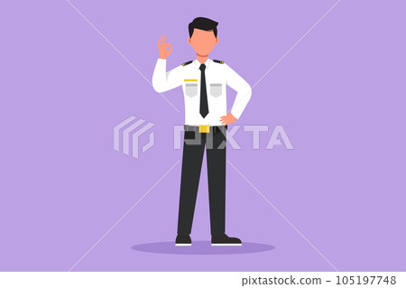 Character flat drawing of flight attendant or steward standing in uniform with okay gesture prepare at airport for flying and serve passengers to their destination. Cartoon design vector illustration 105197748