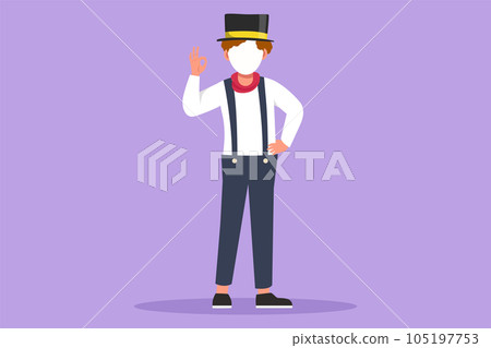Graphic flat design drawing male mime artist stands with okay gesture and white make up face makes audience laugh with silent comedy. Entertainment worker on working. Cartoon style vector illustration 105197753