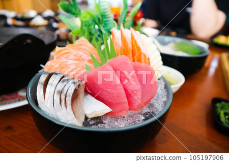 sashimi or raw salmon , Akami and raw tuna or  raw mackerel and kanikama 105197906