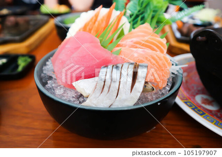 sashimi or raw salmon , Akami and raw tuna or  raw mackerel and kanikama 105197907