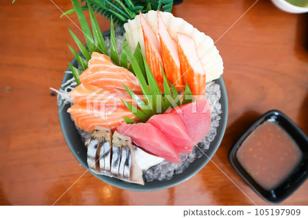 sashimi or raw salmon , Akami and raw tuna or  raw mackerel and kanikama 105197909