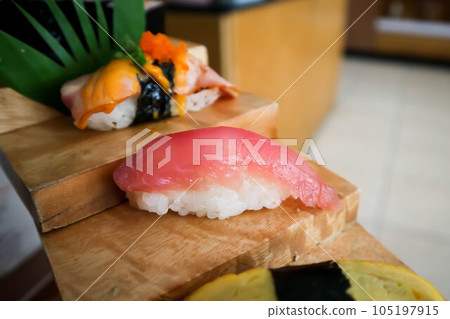tuna, tuna roll, tuna rolls, tuna sushi or mackerel sushi 105197915