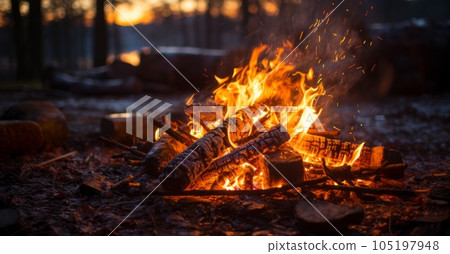 Campfire in the forest at sunset. Camping concept. Bonfire in the forest at morning twilight. Shallow depth of field. No people. 105197948
